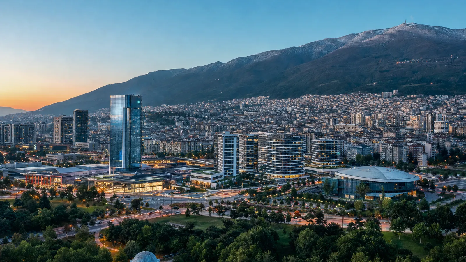 Bursa gayrimenkul rehberi için yapay zekâ destekli temsili şehir ve yatırım görseli
