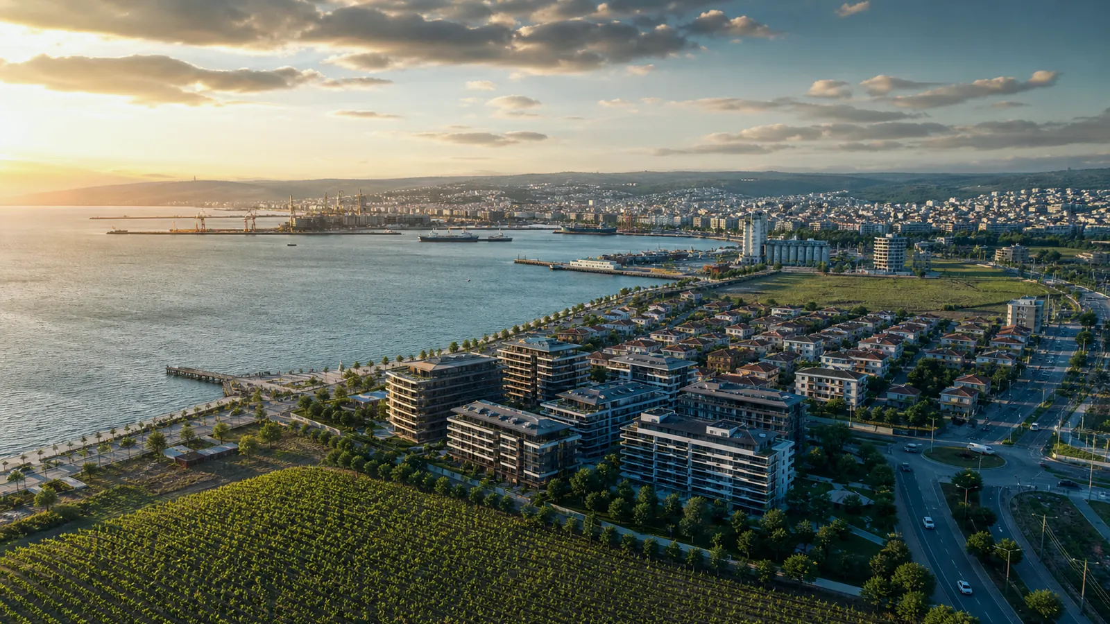 Tekirdağ gayrimenkul rehberi için yapay zekâ destekli temsili şehir ve yatırım görseli